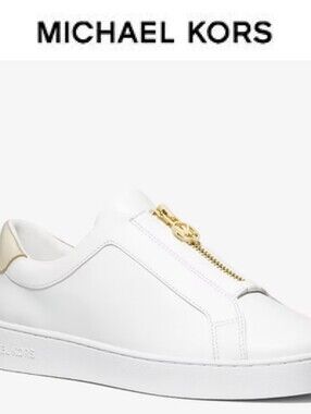 Michael Kors Keaton Leather Zip-Up Sneaker- White/Gold